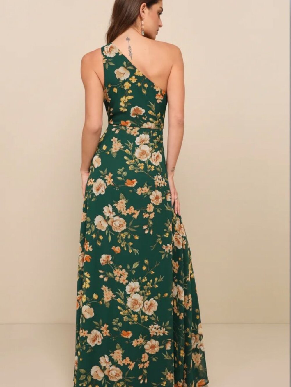 Lulus Elegant Admiration One-Shoulder Floral Maxi Dress Emerald Green Size S
